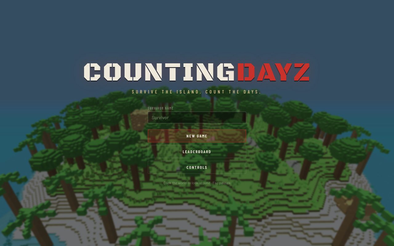 CountingDayZ title menu over the voxel island